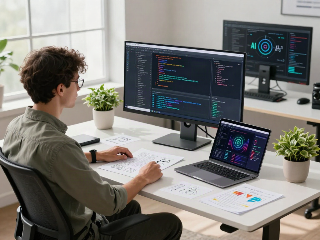 AI 18+ software engineer coding in modern workspace with dual monitors and natural light.